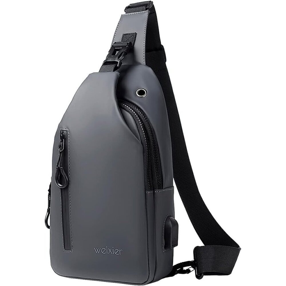 💫 Men Grey Crossbody Bag Sling Waterproof USB Charging Port Headphone Backpack